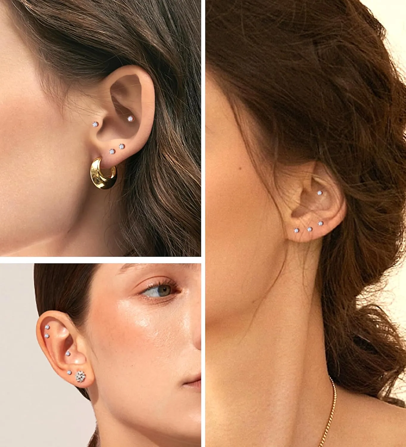 4Pairs 2MM Flatback Stud Earrings for Women Girls Tiny CZ Stud Earring Stainless Steel Hypoallergenic Handmade Screw Back Earrings Set