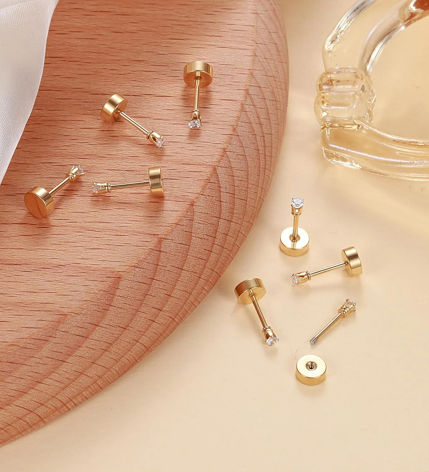 4Pairs 2MM Flatback Stud Earrings for Women Girls Tiny CZ Stud Earring Stainless Steel Hypoallergenic Handmade Screw Back Earrings Set