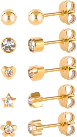 5 Pairs G23 Titanium Stud Earrings for Sensitive Ears, Heart Star Flower Round Ball Cubic Zirconia Stud Earrings Set for Women