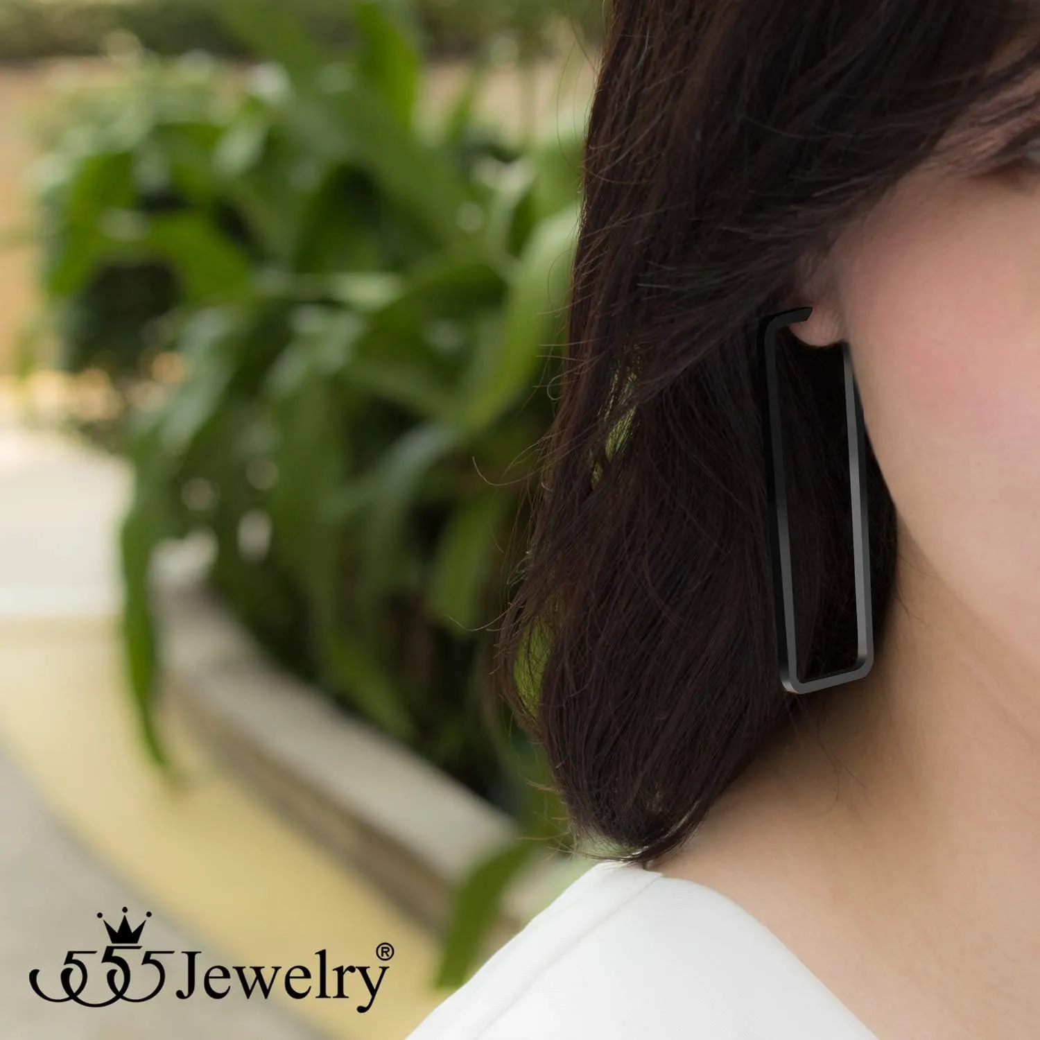555Jewelry Stainless Steel Large Geometric Stud Hoop Rectangle Earrings for Women