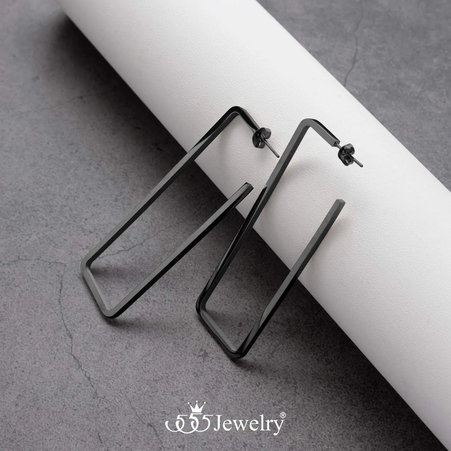 555Jewelry Stainless Steel Large Geometric Stud Hoop Rectangle Earrings for Women