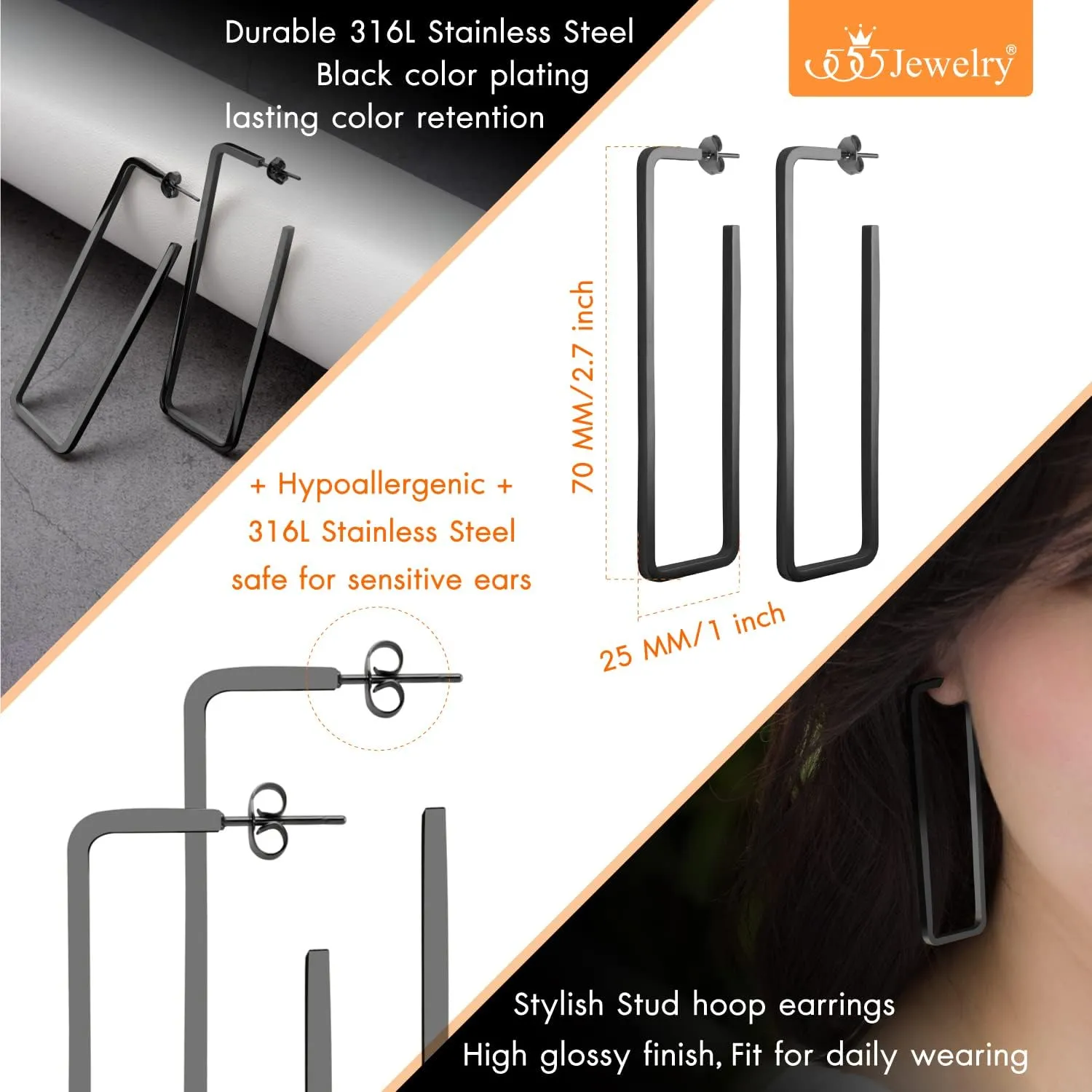 555Jewelry Stainless Steel Large Geometric Stud Hoop Rectangle Earrings for Women