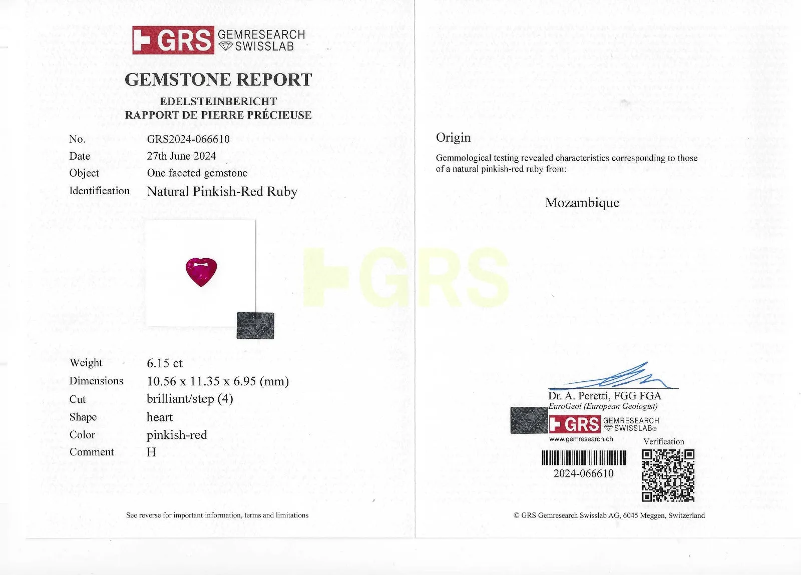 6.15 Carat GRS Heart Brilliant Cut Heat Natural Pinkish-Red Ruby