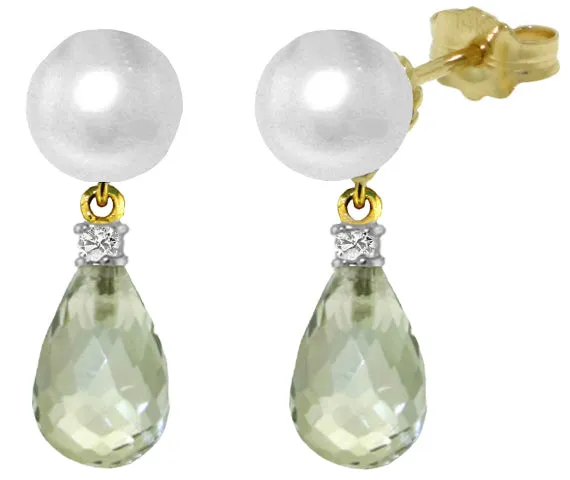 6.6 Carat 14K Solid Yellow Gold Stud Earrings Diamond, Green Amethyst Pearl
