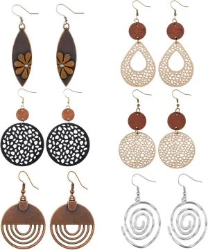 6/9 Pairs Boho Earrings Vintage Wooden Geometric Leather Earrings Flower Earrings Handmade Big Bohemian Trendy Earrings for Women
