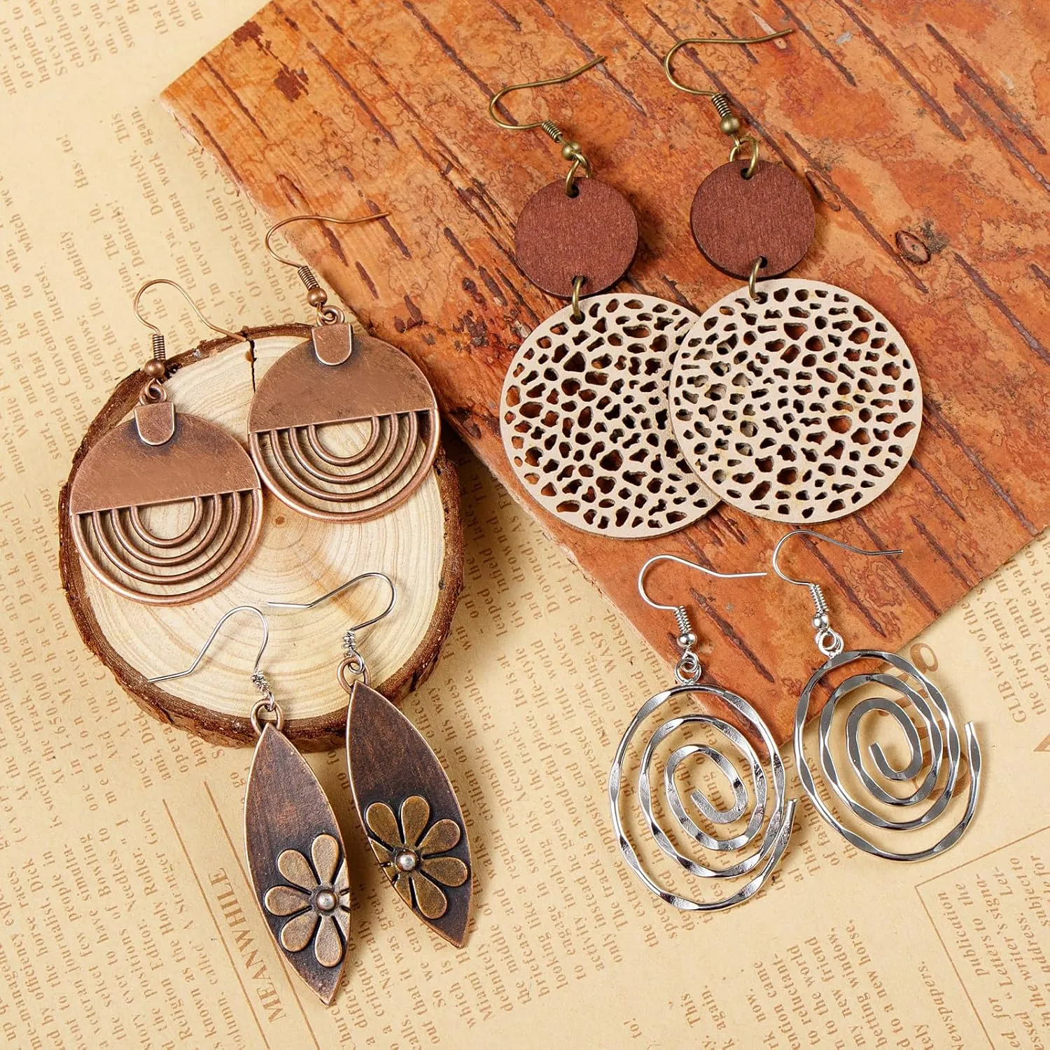 6/9 Pairs Boho Earrings Vintage Wooden Geometric Leather Earrings Flower Earrings Handmade Big Bohemian Trendy Earrings for Women
