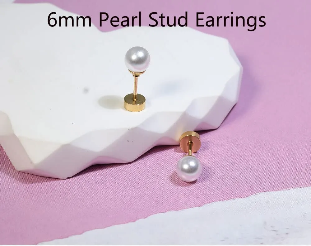 6mm Pearl Stud Earrings Flat Screw Back,14K Gold Pearl Cartilage Helix Earrings Hypoallergenic 316L Surgical Steel Piercing Jewelry Gift for Girls Women Toddlers(6mm Pearl, Gold)