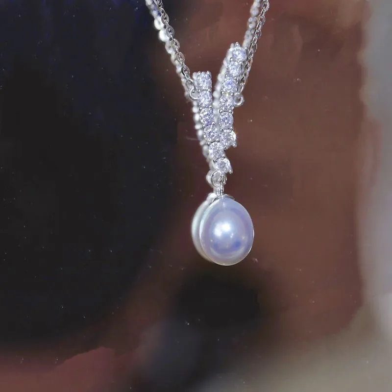 7-8MM Akoya Seawater Grey Blue Pearls Round Pendant