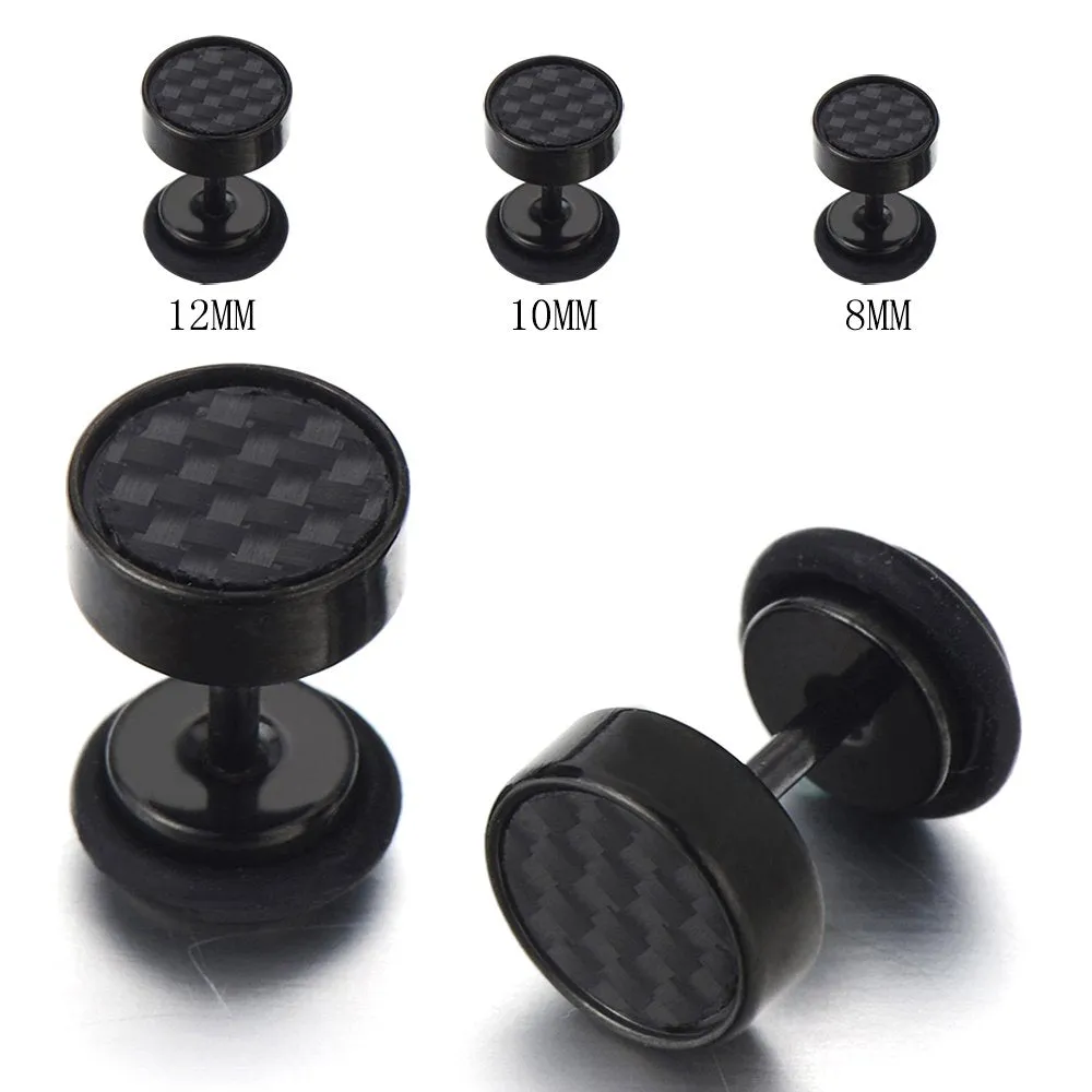 8-12MM Black Stud Earrings for Men, Stainless Steel Illusion Tunnel Plug with Carbon Fiber, Screw Back, 2pcs, Perfect for Everyday Wear or Edgy-Themed Events