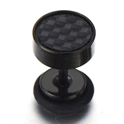 8-12MM Black Stud Earrings for Men, Stainless Steel Illusion Tunnel Plug with Carbon Fiber, Screw Back, 2pcs, Perfect for Everyday Wear or Edgy-Themed Events