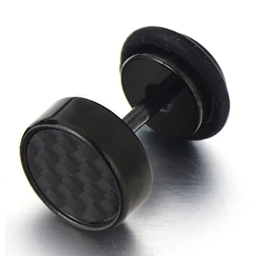 8-12MM Black Stud Earrings for Men, Stainless Steel Illusion Tunnel Plug with Carbon Fiber, Screw Back, 2pcs, Perfect for Everyday Wear or Edgy-Themed Events