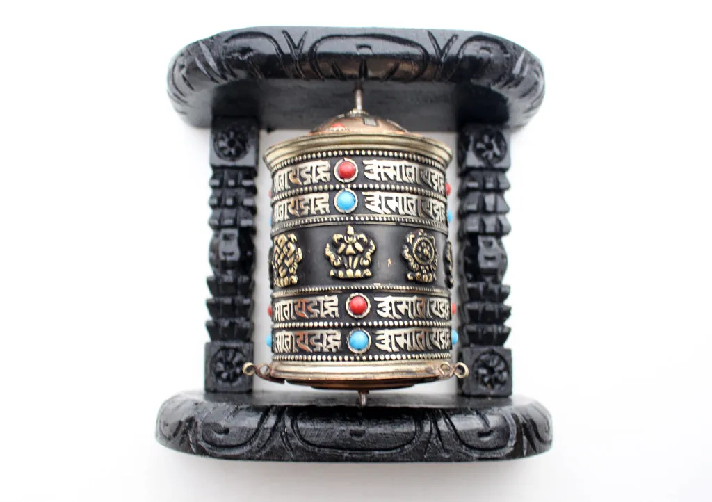 8 Auspicious Symbol Tibetan Copper Prayer Wheel Wall Hanging with Wooden Frame