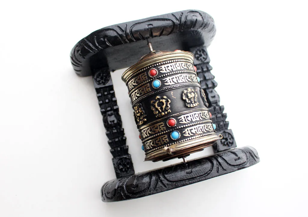 8 Auspicious Symbol Tibetan Copper Prayer Wheel Wall Hanging with Wooden Frame