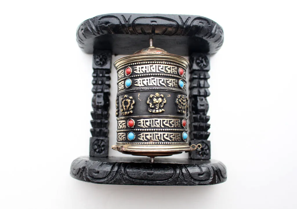 8 Auspicious Symbol Tibetan Copper Prayer Wheel Wall Hanging with Wooden Frame