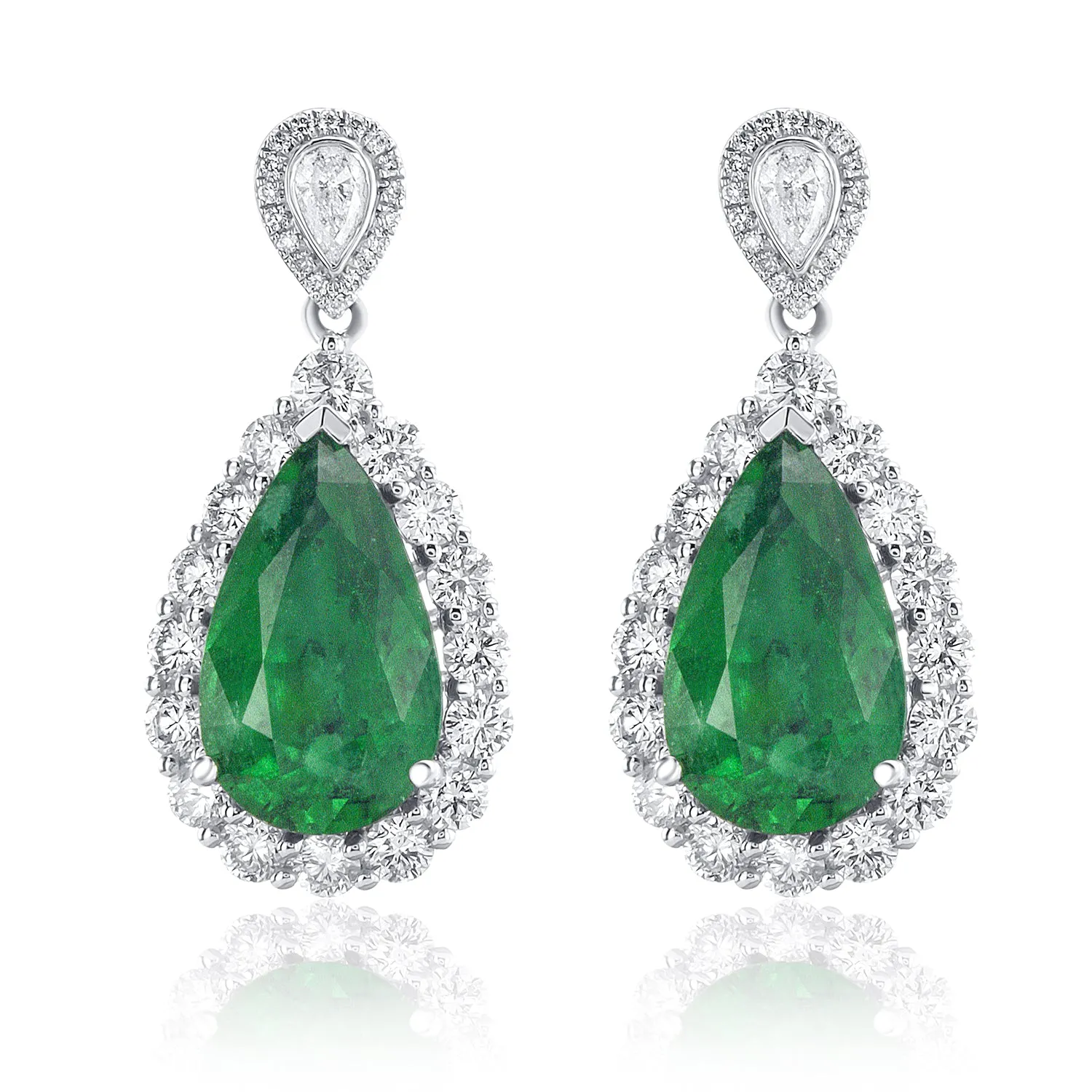 8.17 Carat Round & Pear Natural Diamond & Green Emerald Earrings in 18K White Gold