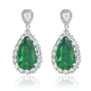 8.17 Carat Round & Pear Natural Diamond & Green Emerald Earrings in 18K White Gold