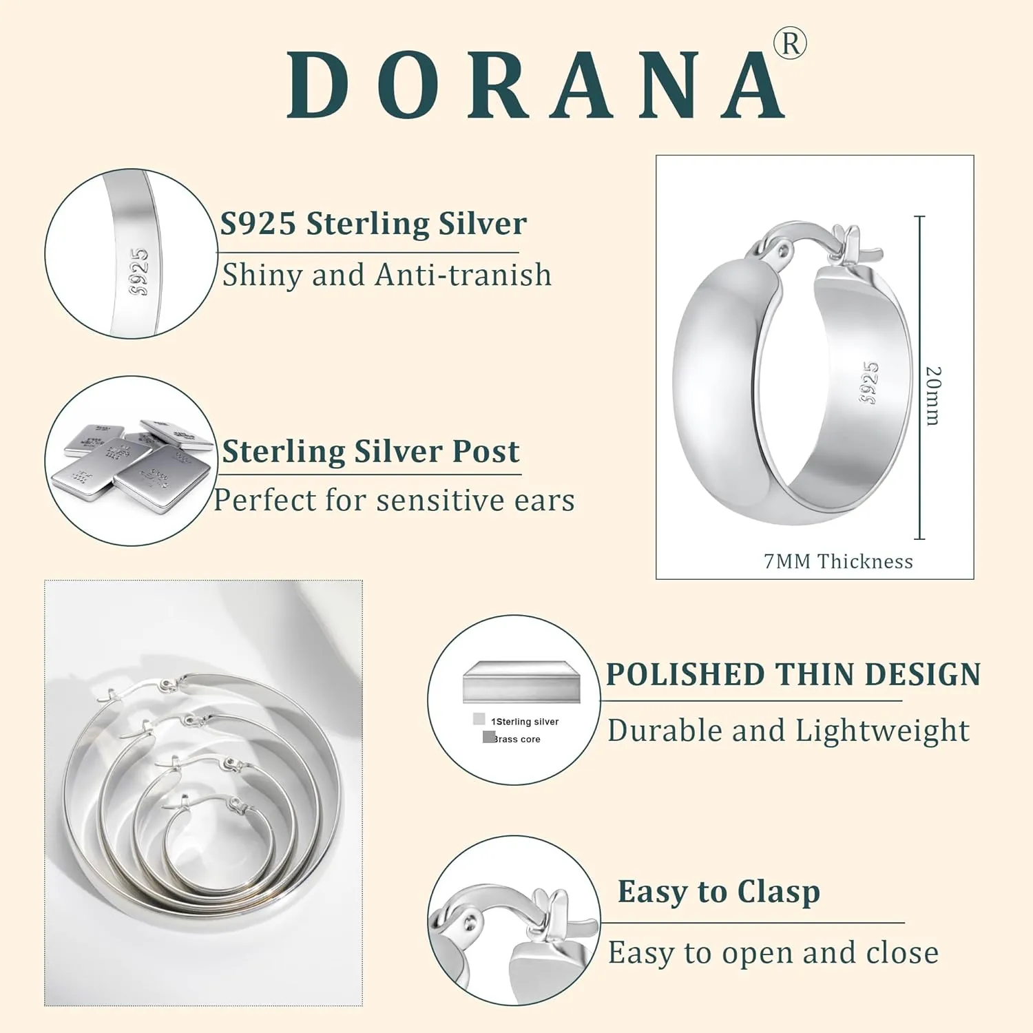 8mm Thick 925 Sterling Silver Hoops Earrings for Women 14K Real Gold Large Hoop Earrings Hypoallergenic and Lightweight Big Hoop Earrings for Women 20/30/40/50/60/70MM
