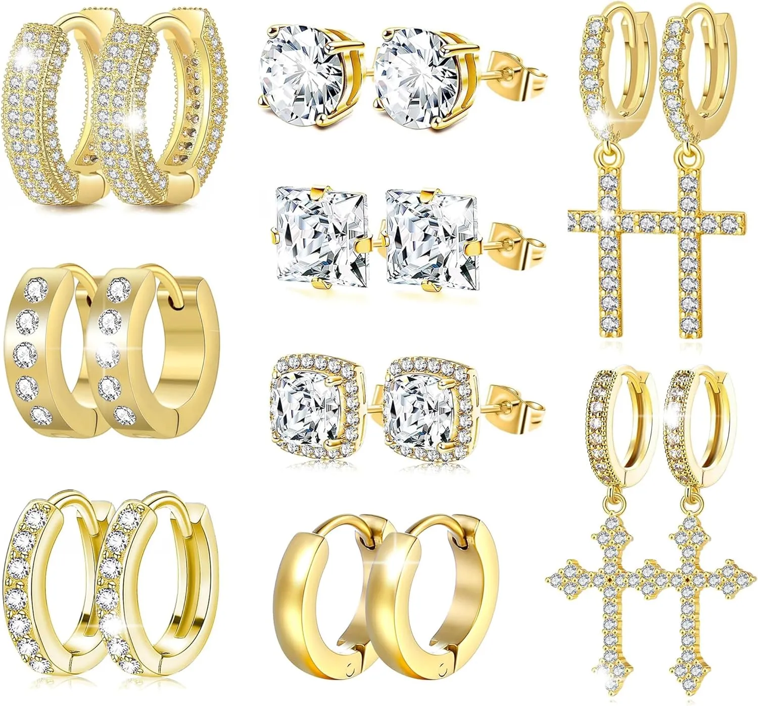 9 Pairs Earrings for Men Stainless Steel Small Hoop Earrings Hypoallergenic CZ Cross Dangle Earrings Cubic Zirconia Stud Earrings Huggie Men's Earrings Set