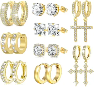 9 Pairs Earrings for Men Stainless Steel Small Hoop Earrings Hypoallergenic CZ Cross Dangle Earrings Cubic Zirconia Stud Earrings Huggie Men's Earrings Set