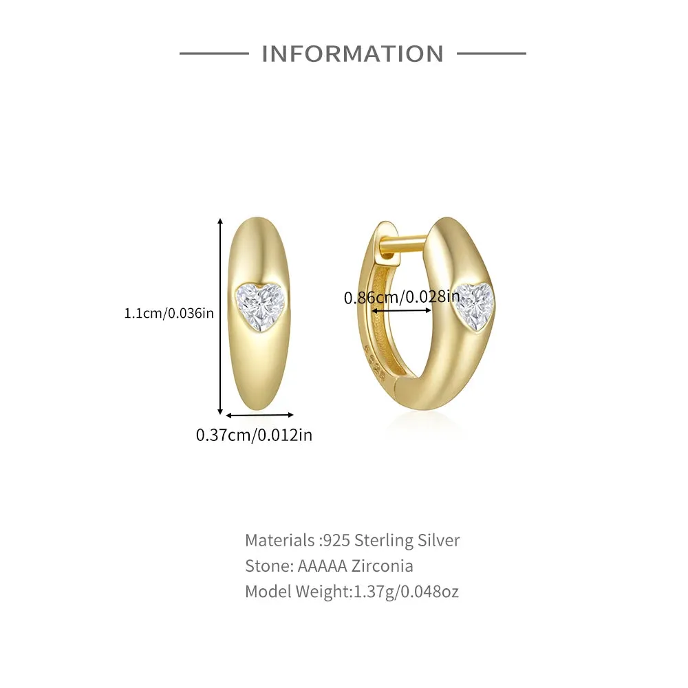925 Silver Glossy Heart-Shaped Zircon Hoop Earrings