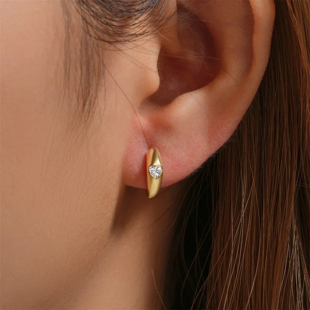 925 Silver Glossy Heart-Shaped Zircon Hoop Earrings