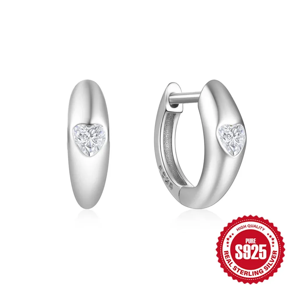 925 Silver Glossy Heart-Shaped Zircon Hoop Earrings