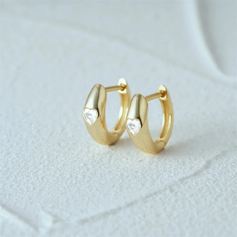 925 Silver Glossy Heart-Shaped Zircon Hoop Earrings