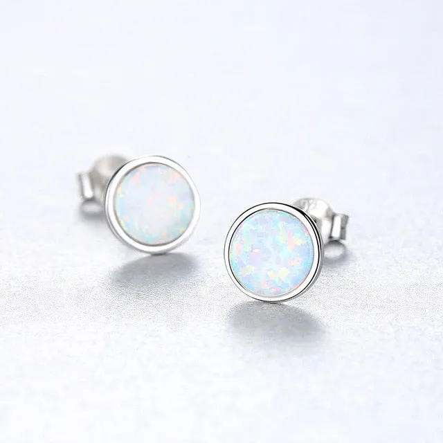 925 Sterling Silve Brightly Round Opal Stud Earrings for Women