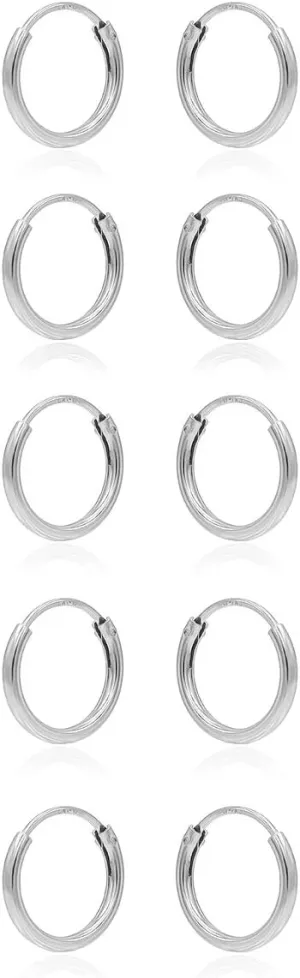 925 Sterling Silver 10mm Small Round Endless Hoop Earrings for Women, Set of 5 Pairs