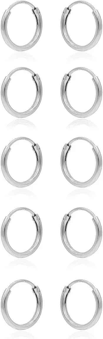 925 Sterling Silver 10mm Small Round Endless Hoop Earrings for Women, Set of 5 Pairs