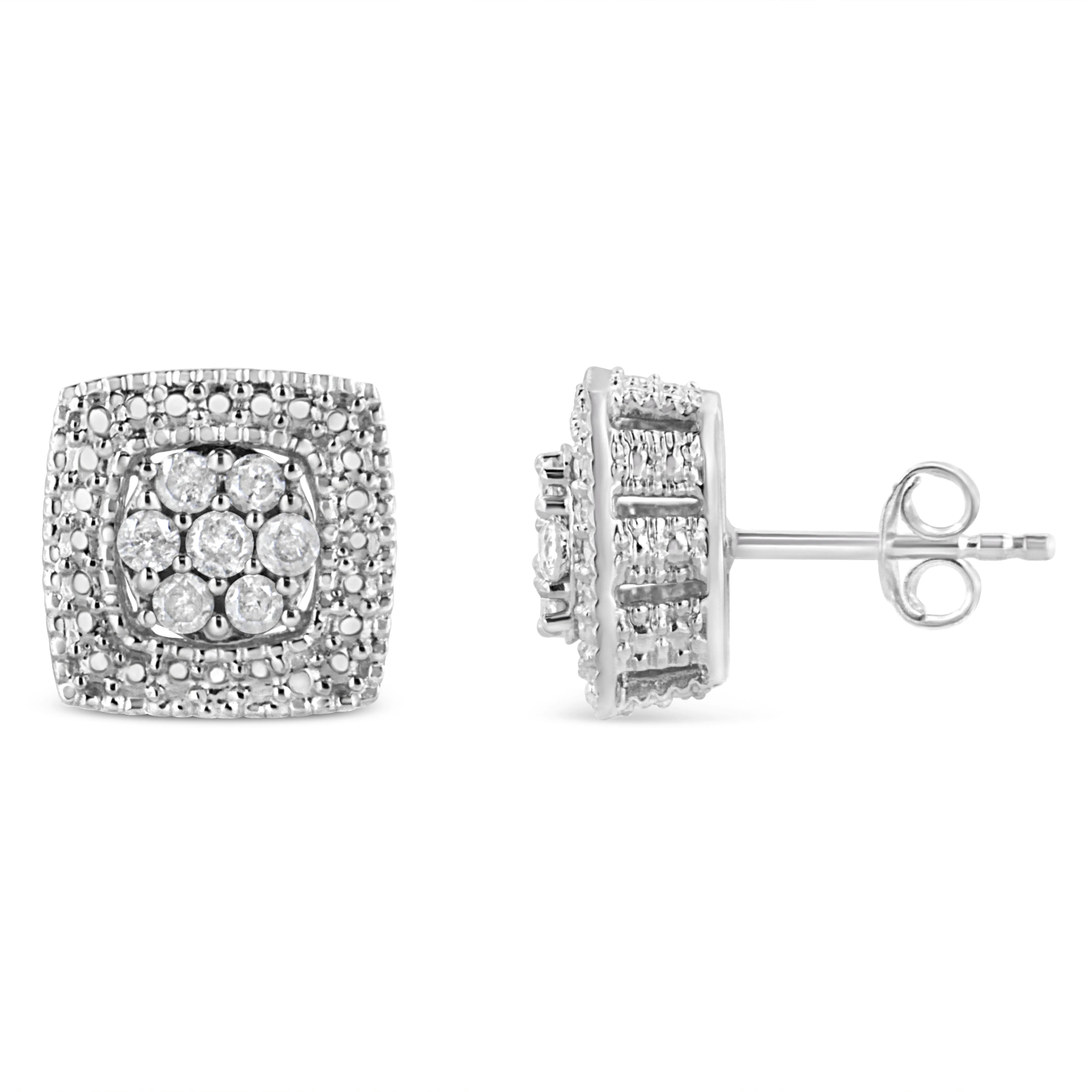 .925 Sterling Silver 1/2 Cttw Diamond Miligrain Square Shape Stud Earrings
