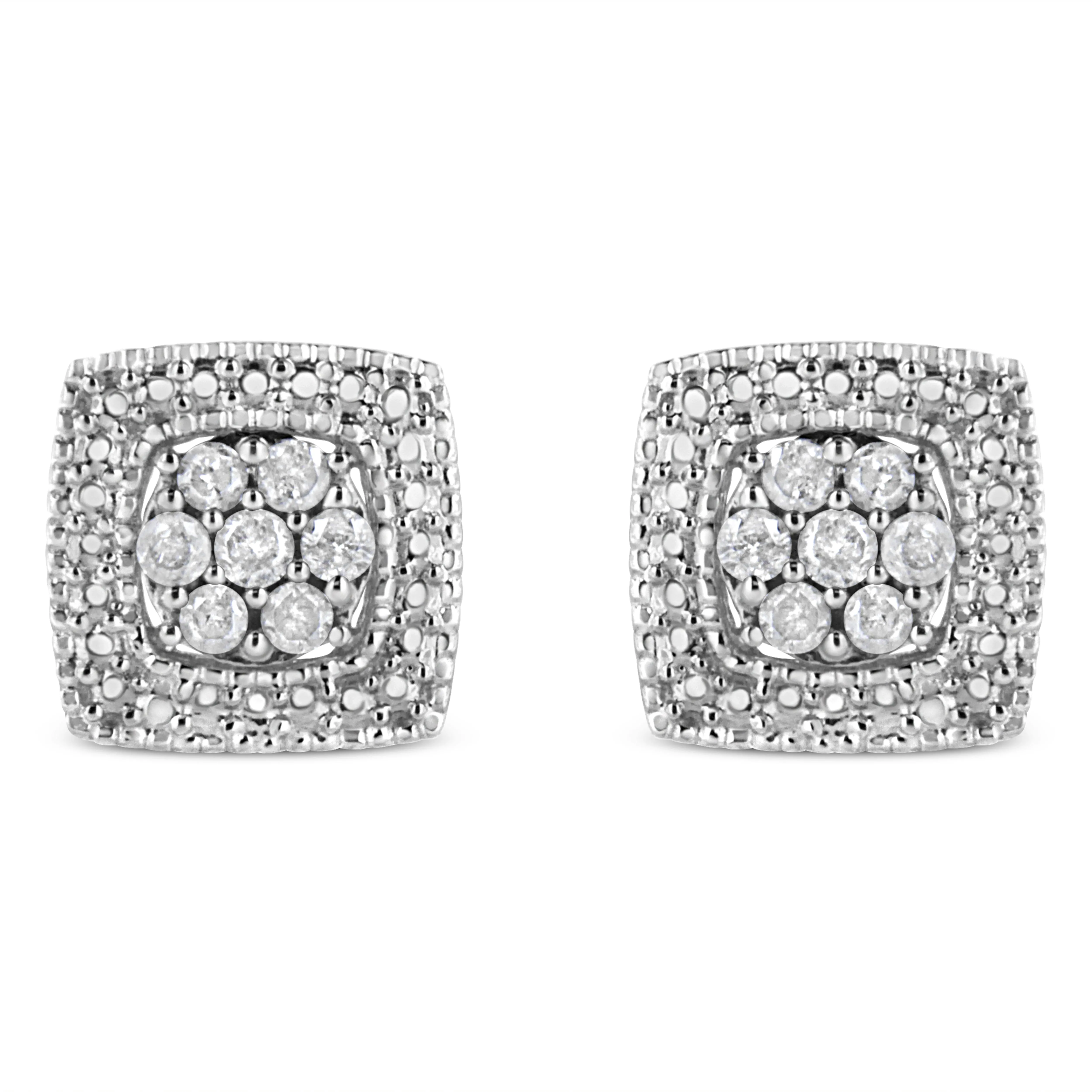 .925 Sterling Silver 1/2 Cttw Diamond Miligrain Square Shape Stud Earrings