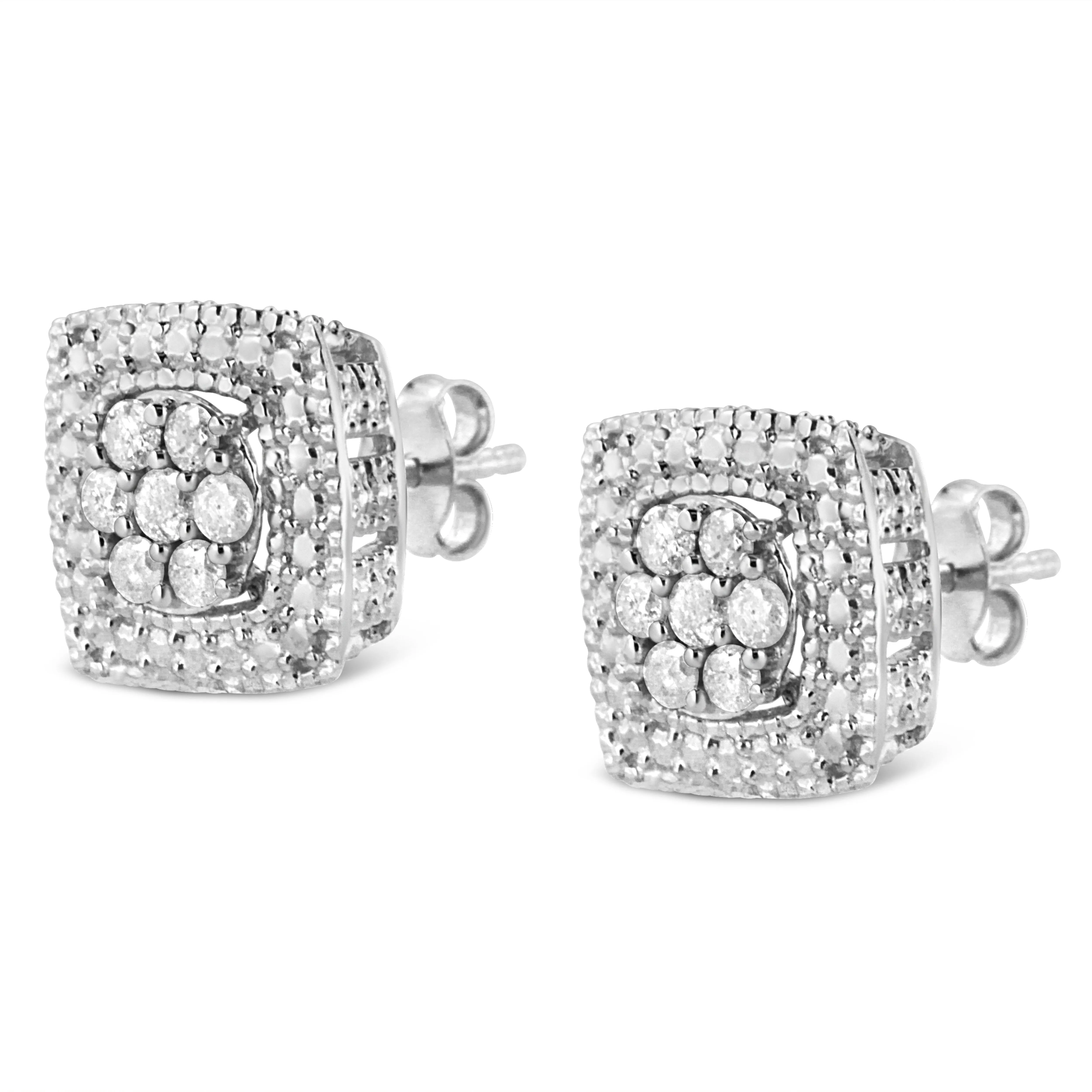 .925 Sterling Silver 1/2 Cttw Diamond Miligrain Square Shape Stud Earrings