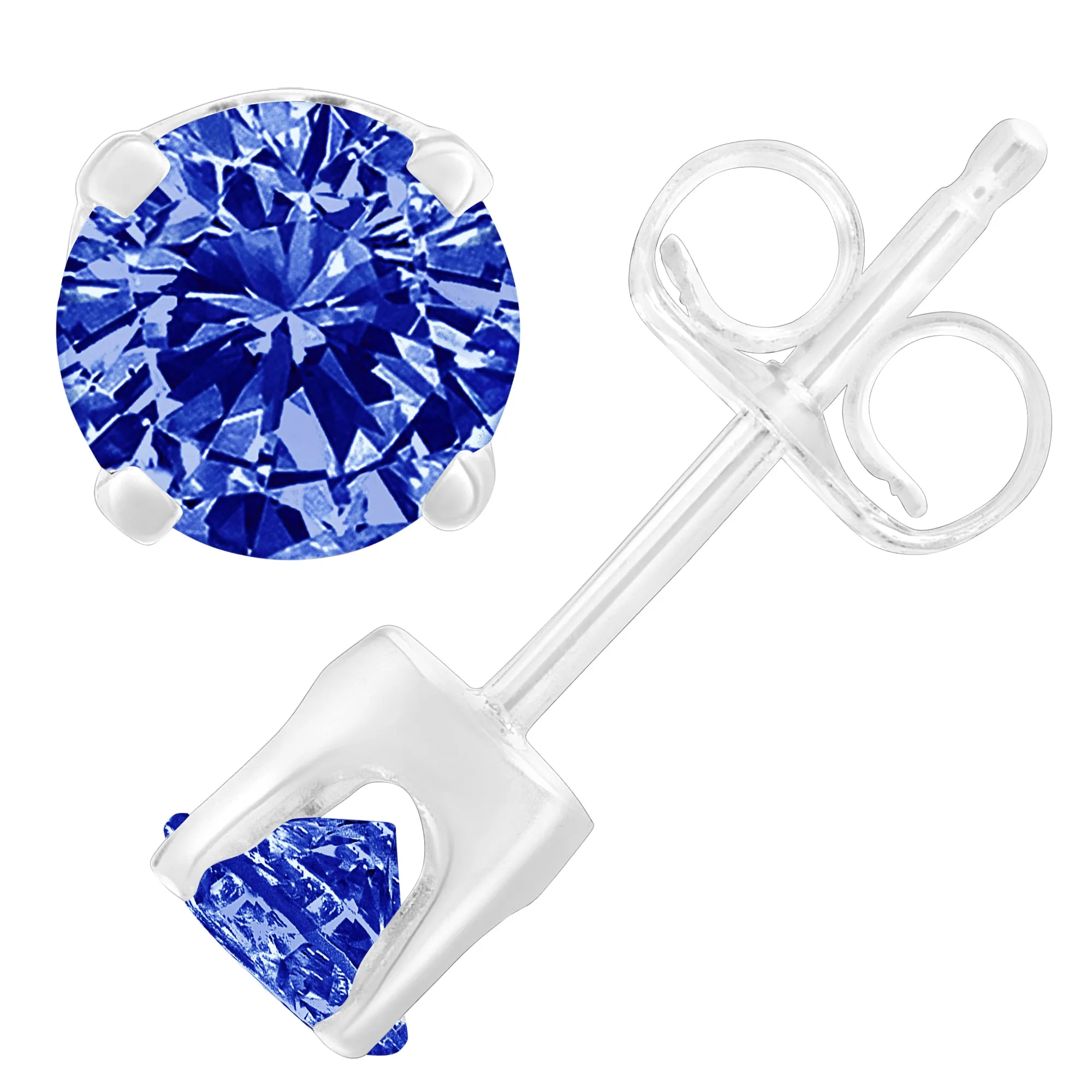 .925 Sterling Silver 1/5 Cttw Round Brilliant-Cut Blue Diamond Classic 4-Prong Stud Earrings