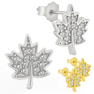 925 Sterling Silver Autumn Leaf Design with Cubic Zirconia Earrings Stud Push Backing