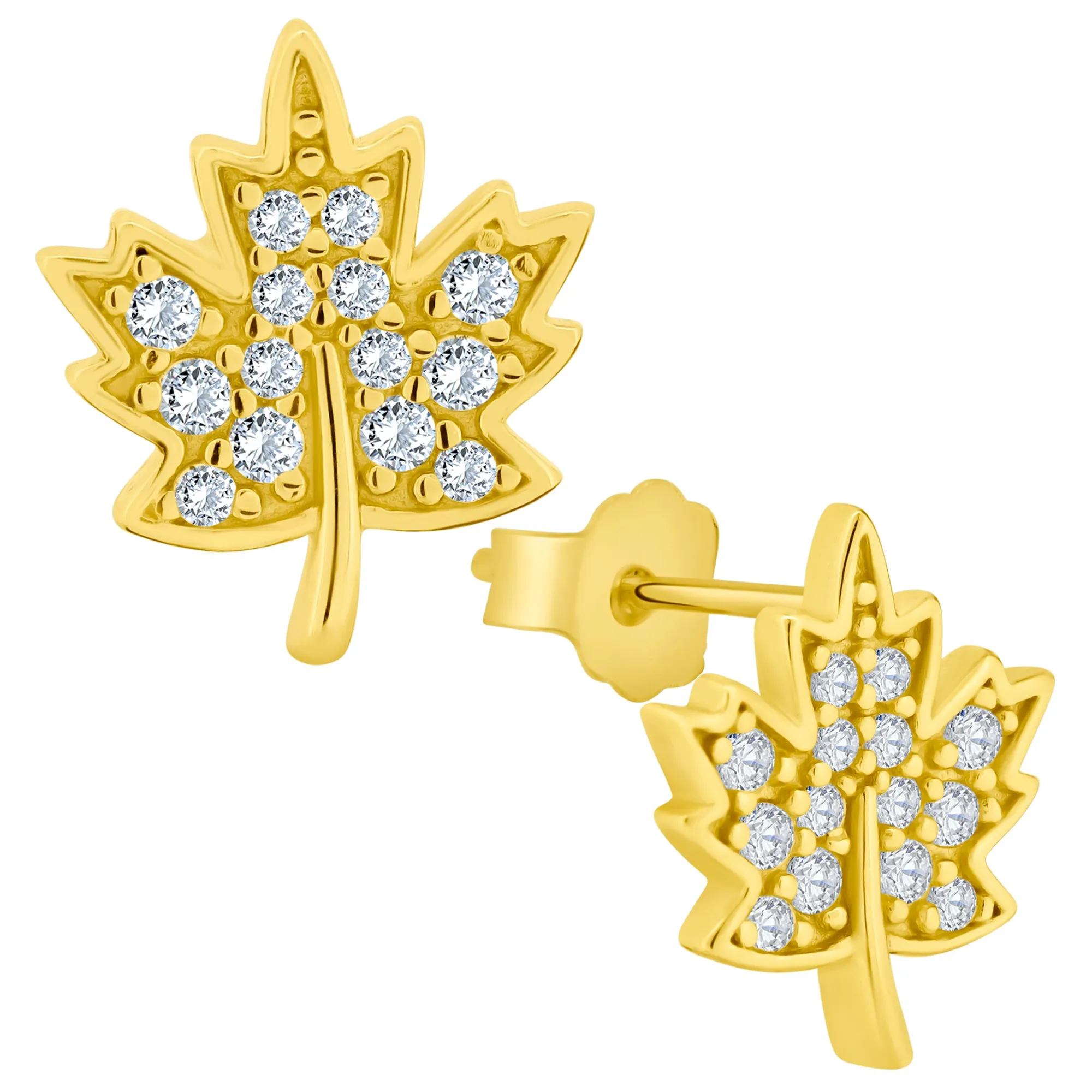 925 Sterling Silver Autumn Leaf Design with Cubic Zirconia Earrings Stud Push Backing