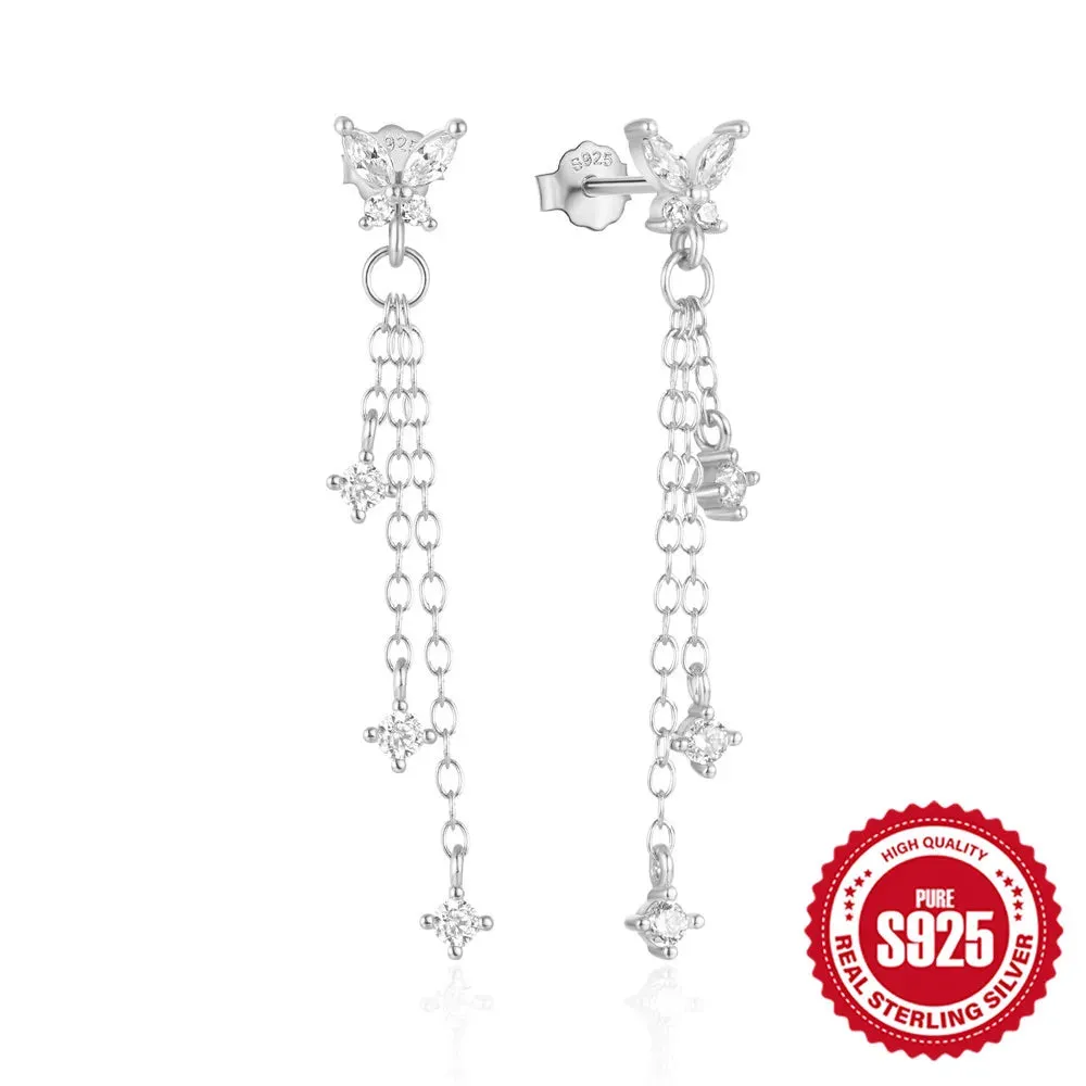 925 Sterling Silver Butterfly Tassel Earrings