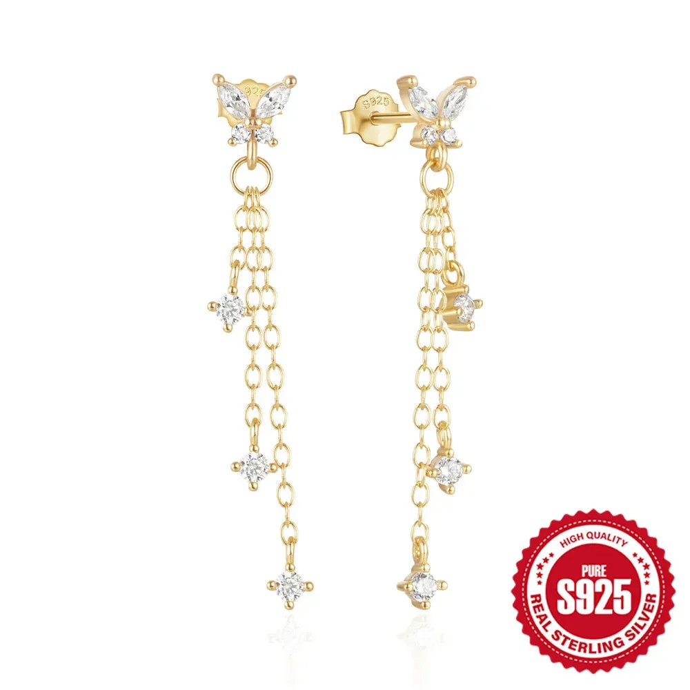 925 Sterling Silver Butterfly Tassel Earrings