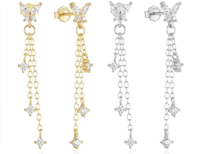 925 Sterling Silver Butterfly Tassel Earrings