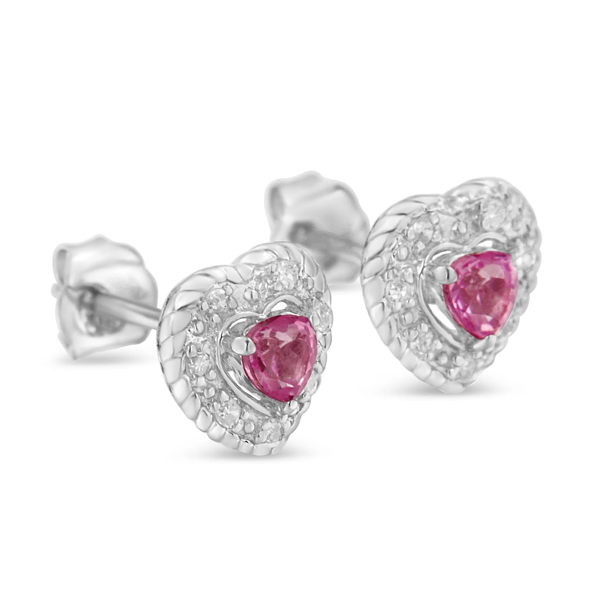 .925 Sterling Silver, Created Pink Sapphire, & Diamond-Accented 5/8" Heart-Shaped Rope Stud Earrings