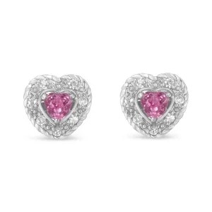 .925 Sterling Silver, Created Pink Sapphire, & Diamond-Accented 5/8" Heart-Shaped Rope Stud Earrings