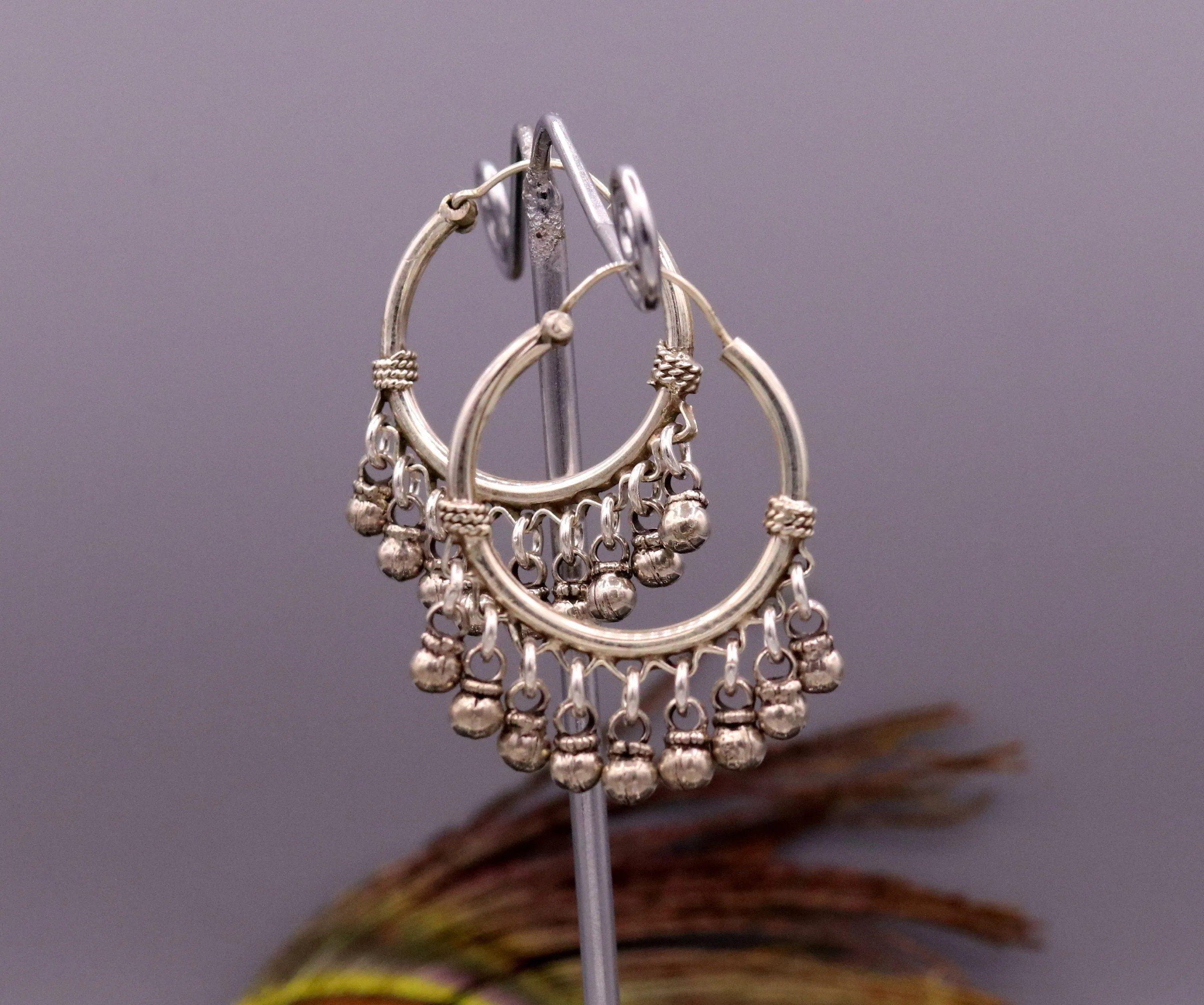 925 Sterling silver handmade fabulous hoops earrings with hanging bells amazing antique designer earrings jewelry for girl's s334