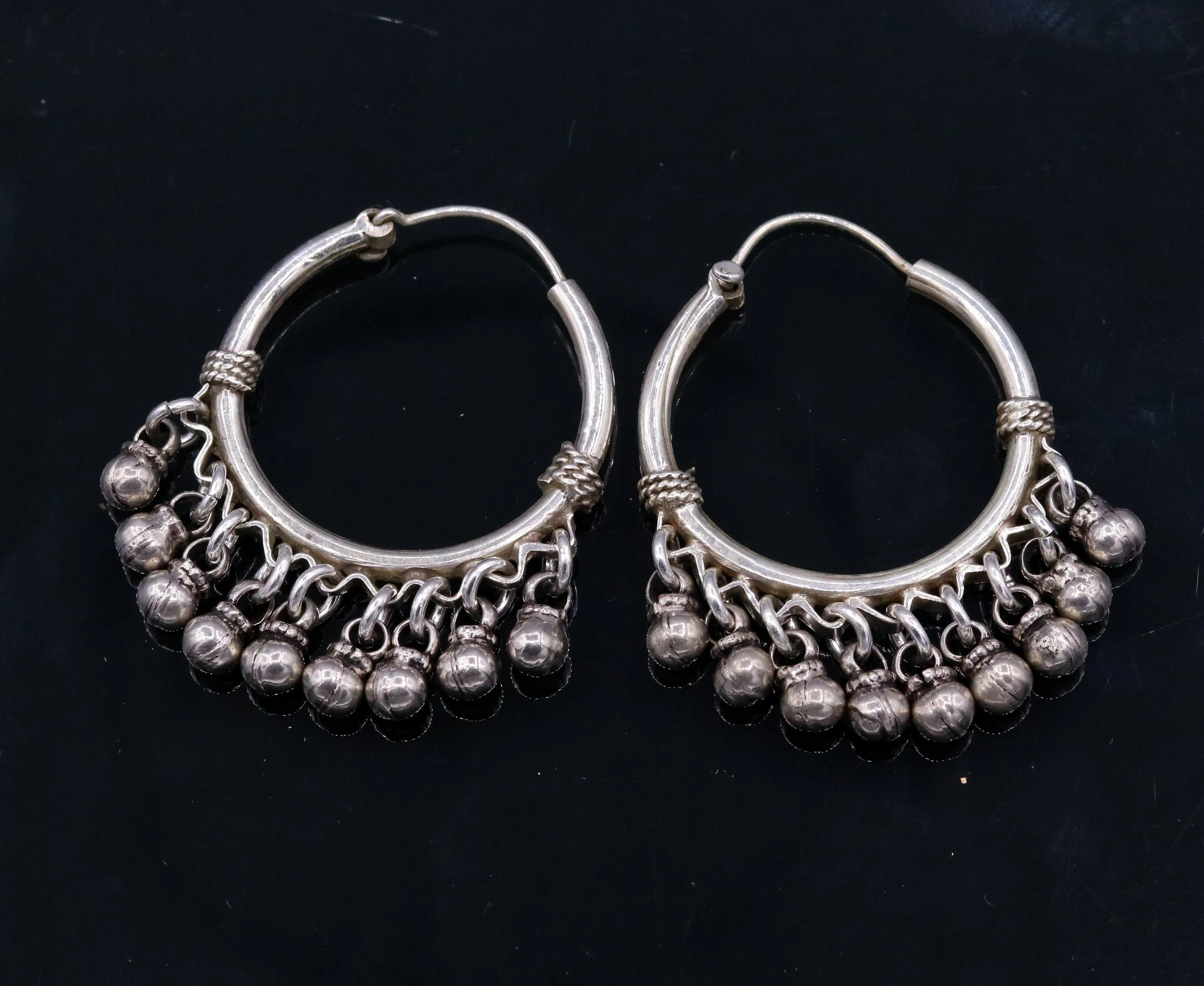 925 Sterling silver handmade fabulous hoops earrings with hanging bells amazing antique designer earrings jewelry for girl's s334