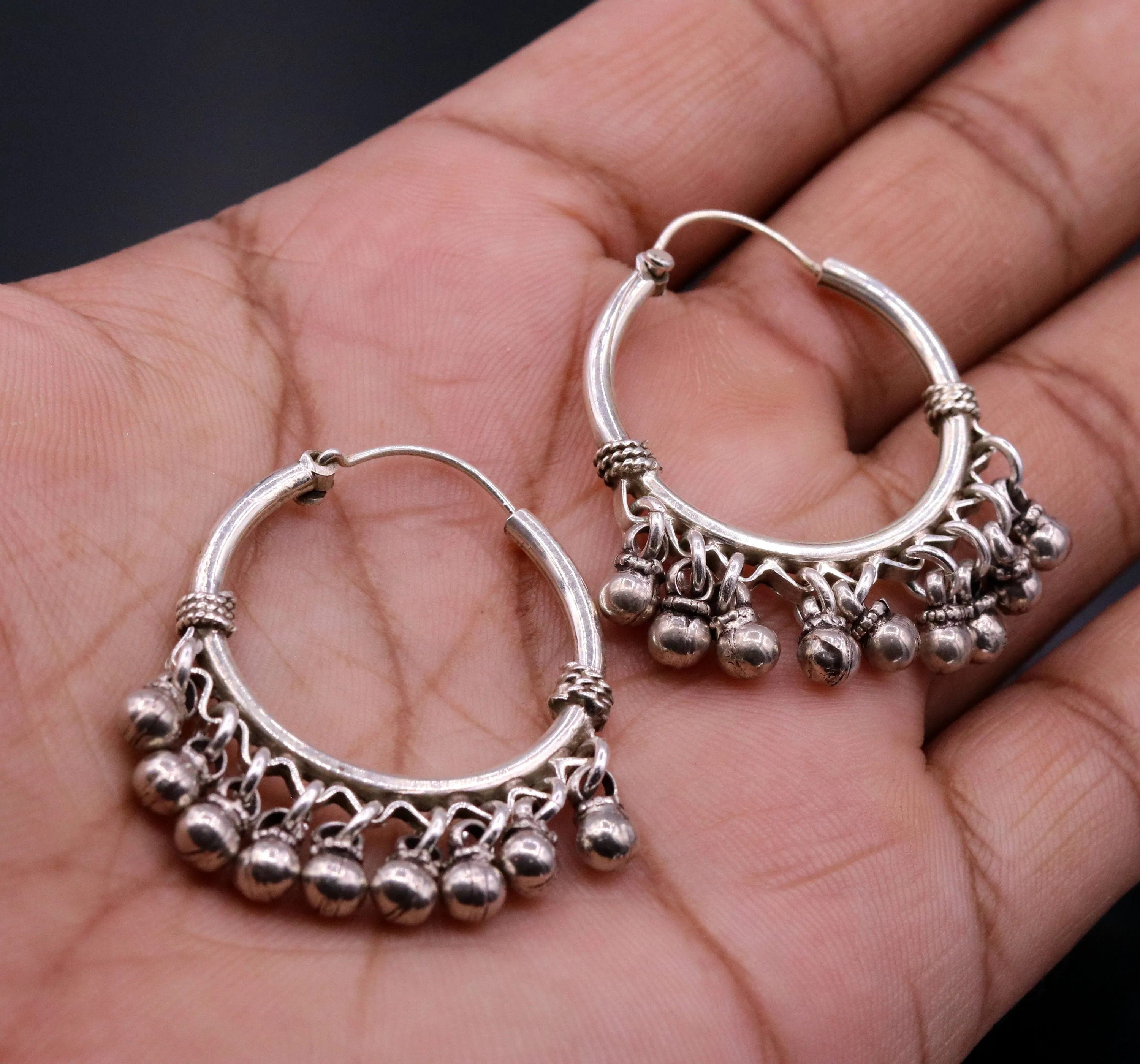 925 Sterling silver handmade fabulous hoops earrings with hanging bells amazing antique designer earrings jewelry for girl's s334