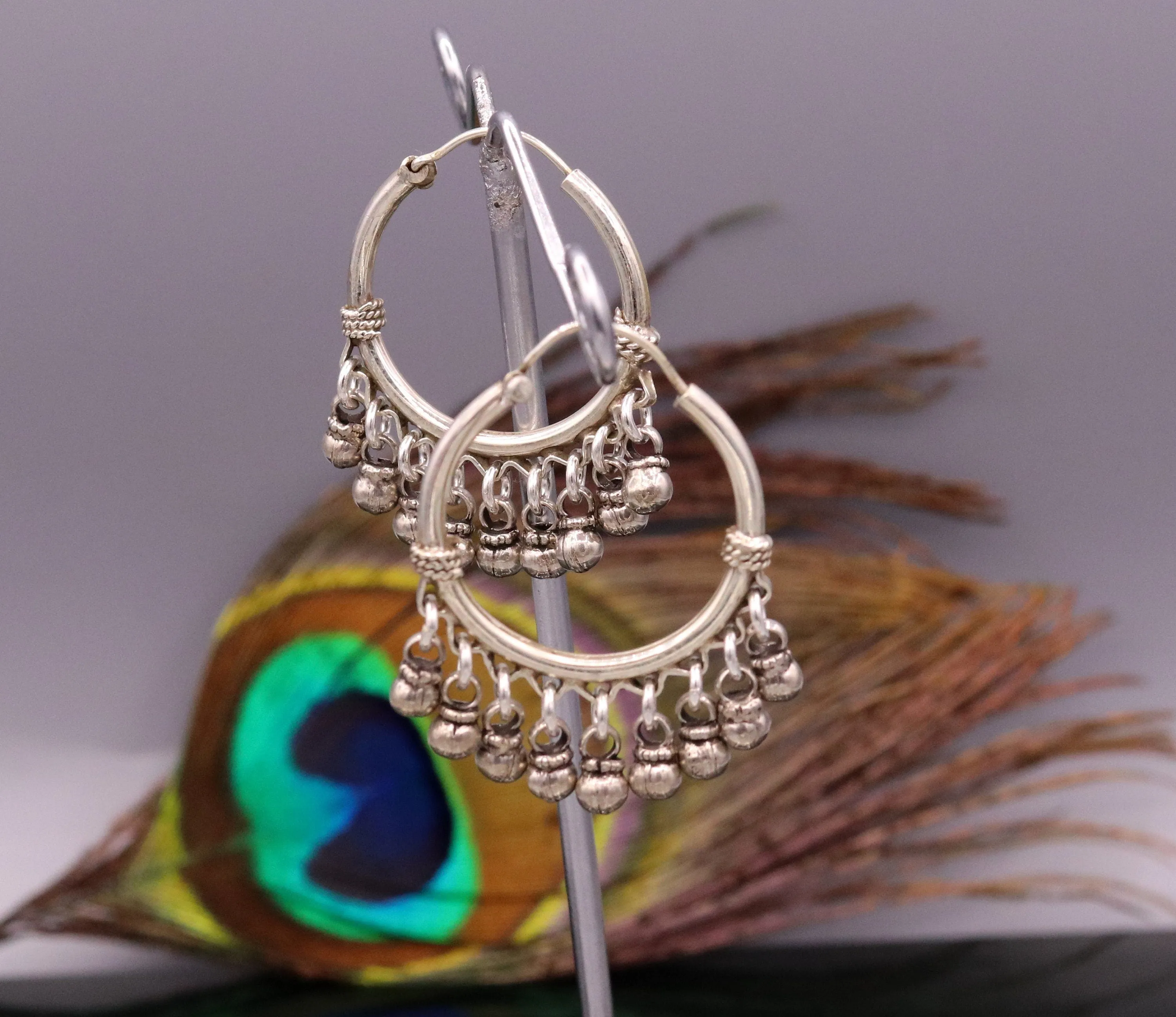 925 Sterling silver handmade fabulous hoops earrings with hanging bells amazing antique designer earrings jewelry for girl's s334