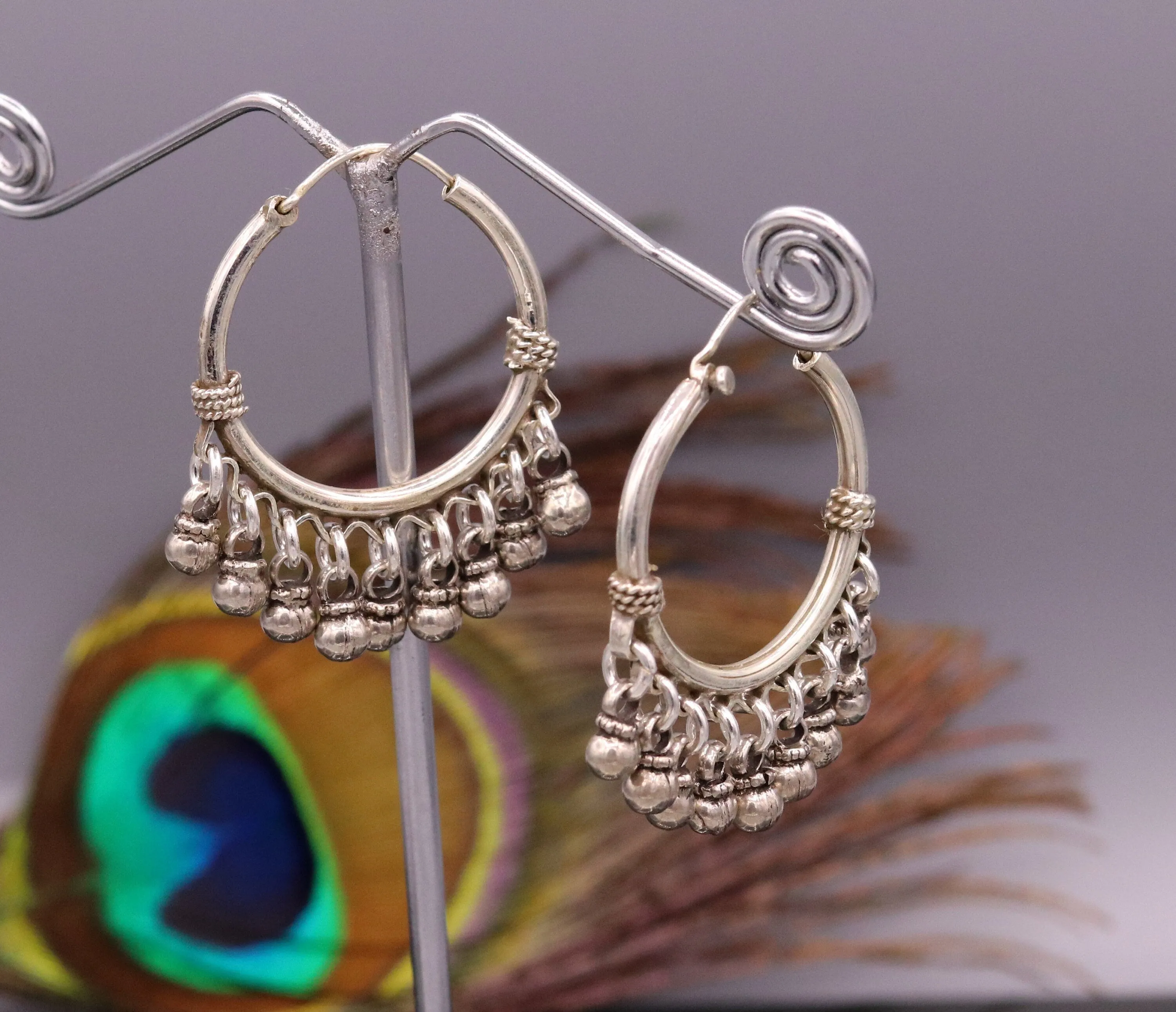 925 Sterling silver handmade fabulous hoops earrings with hanging bells amazing antique designer earrings jewelry for girl's s334