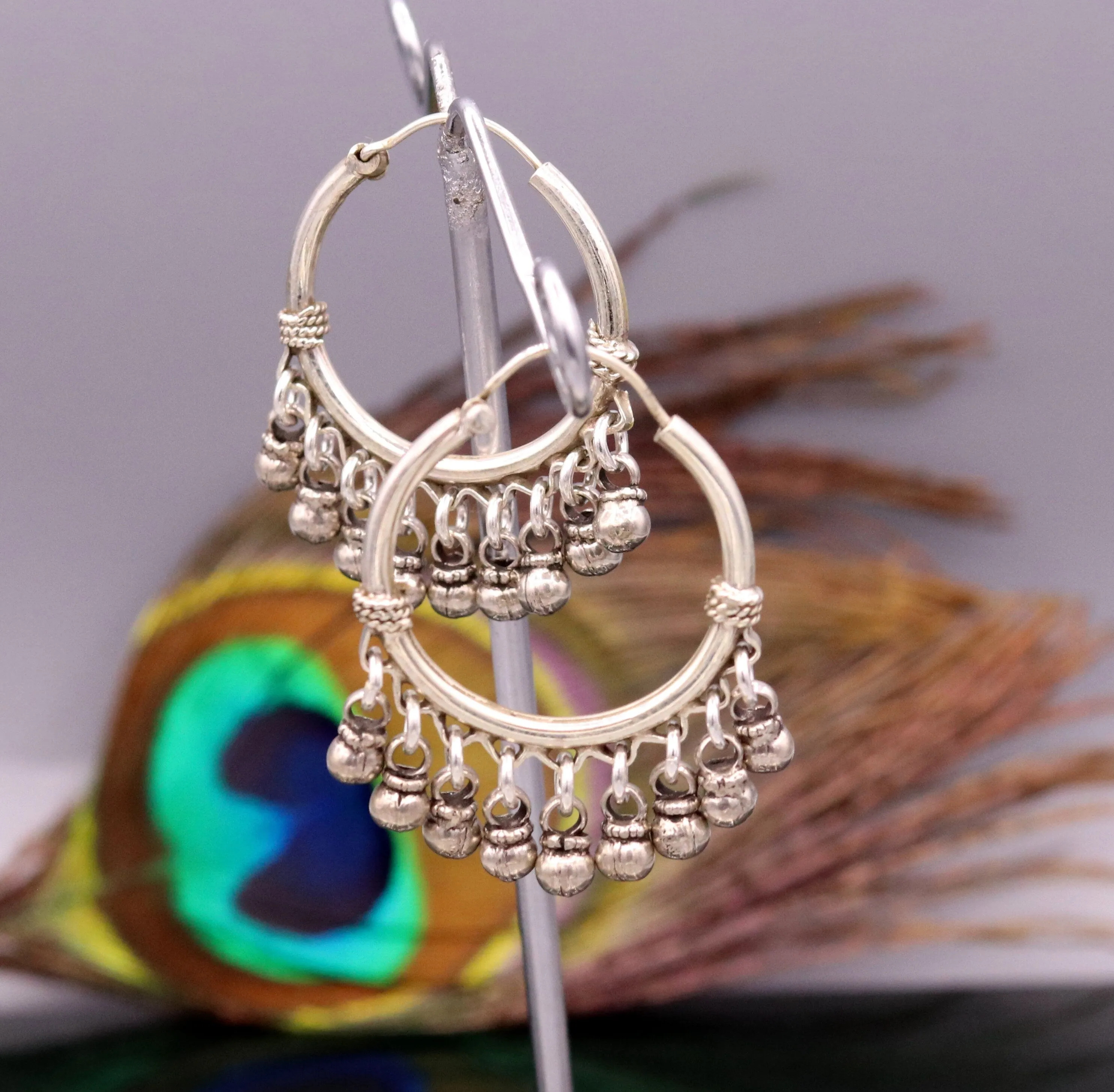 925 Sterling silver handmade fabulous hoops earrings with hanging bells amazing antique designer earrings jewelry for girl's s334