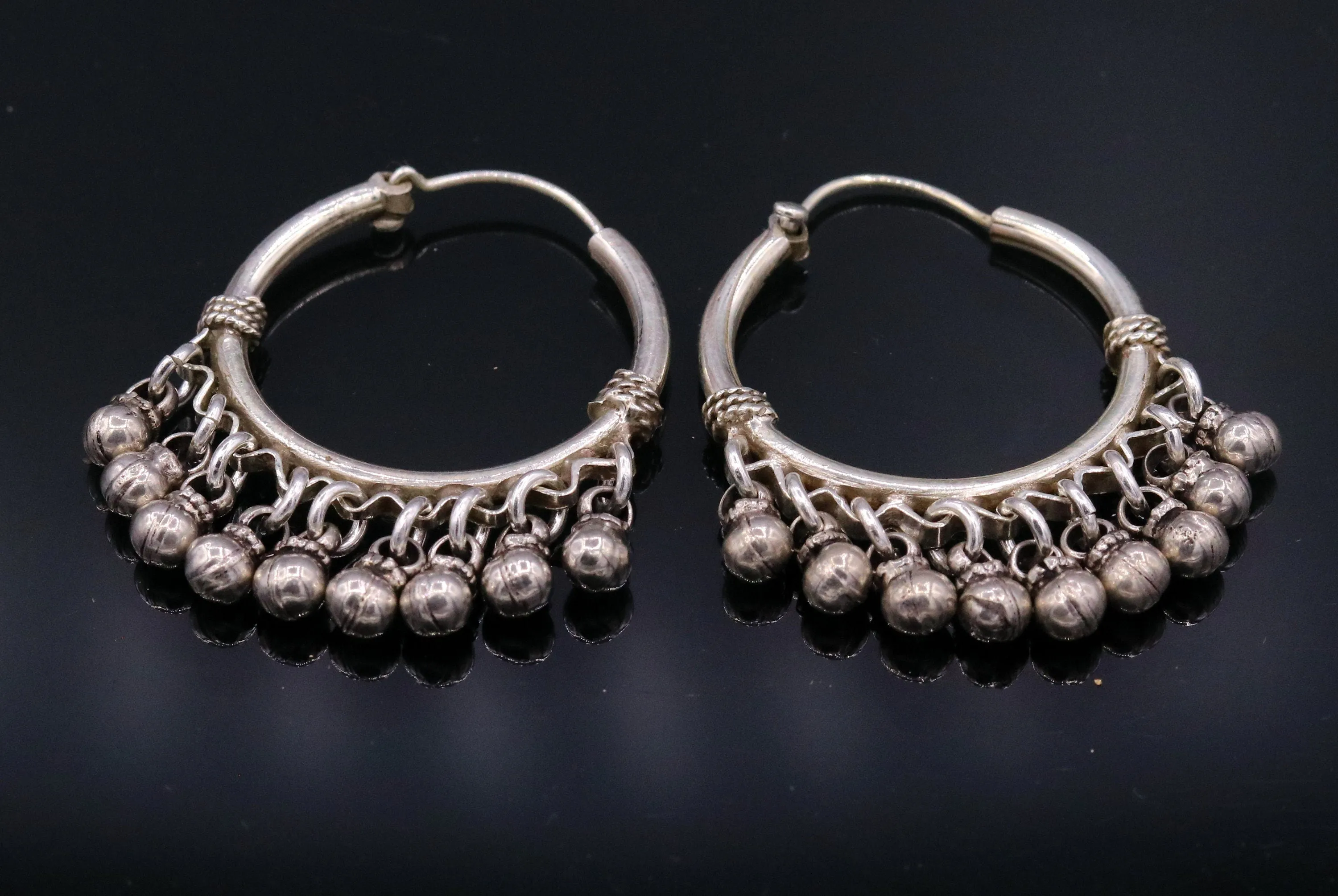 925 Sterling silver handmade fabulous hoops earrings with hanging bells amazing antique designer earrings jewelry for girl's s334