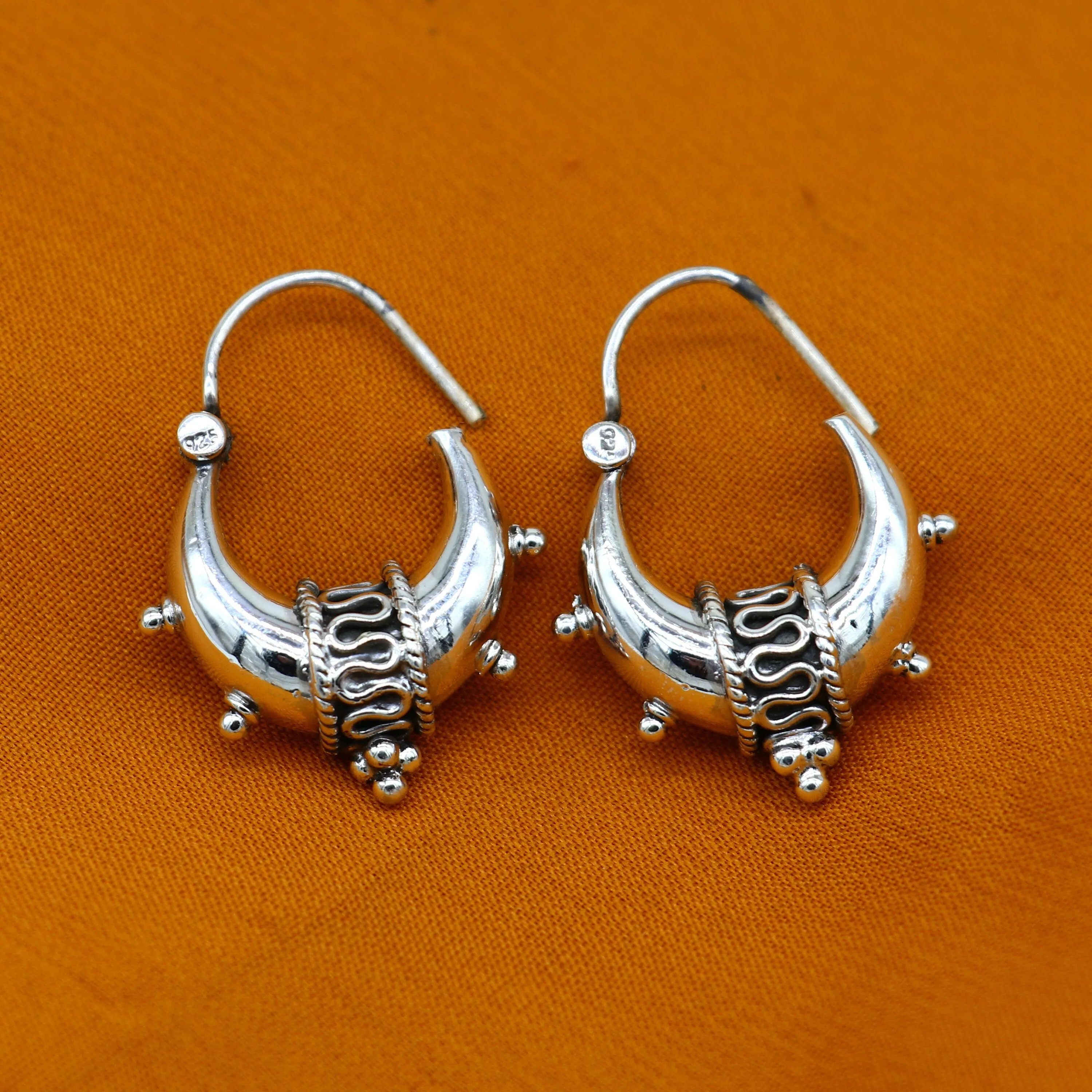 925 sterling silver plain shiny traditional cultural design elegant hoops earrings kundal tribal belly dance brides dainty jewelry s1157