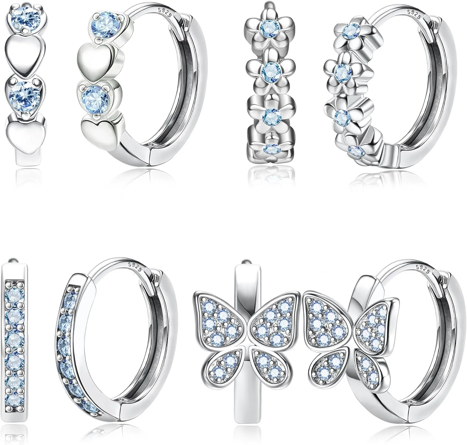 925 Sterling Silver Post Small Hoop Earrings For Girls - Hypoallergenic Huggie Earrings for Women Cute Heart Flowers Butterfly Star Cubic Zirconia Cartilage Earrings For Sensitive Ears 4Pairs